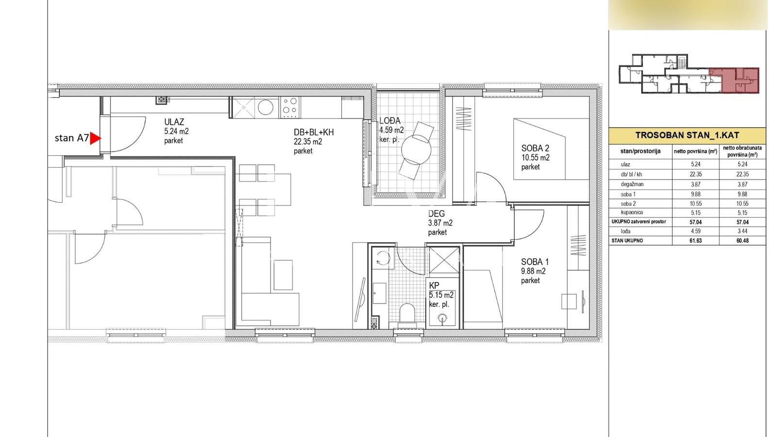 Dubrava, 3s stan 60,48m2 NKP novogradnja na prodaju